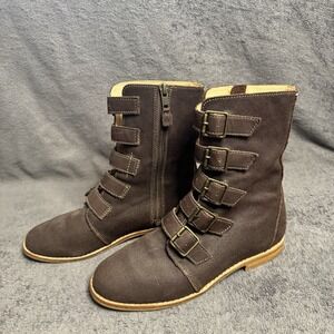 Olukai Elima Dark Brown Suede Leather Mid Calf Combat Boots Multi Buckle Sz 6.5